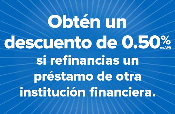 Obtén un descuento del 50,0% APR en tu refinanciación de auto con SELCO cuando refinancies un préstamo de otra institución financiera.